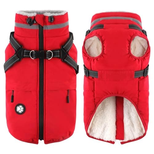 Dogcheer Dog Coat with Harness, Waterproof Dog Jacket, Christmas Puppy Winter Coat with Pocket, Reflective Doggy Turtleneck Puffer Vest for Small