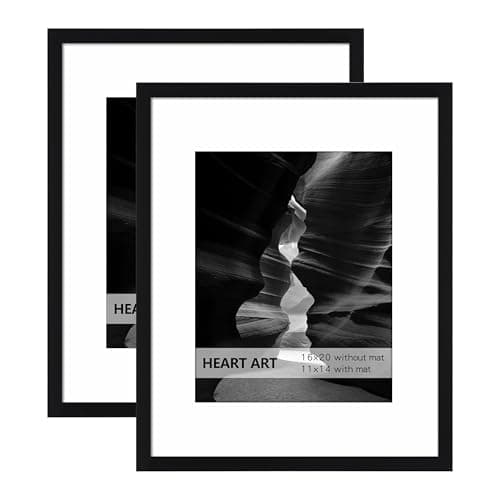 HEART ART 16x20 Black Picture Frame with Mat, Fits 11x14 Photo, 2 Pack | Poster Frame, Wall Mounting, Displays 16x20 Without Mat