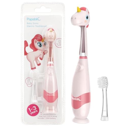 Papablic Toddler Electric Toothbrush for Age 2-4, Pink Unicorn Doris | Baby Electric Toothbrush, Cute Dino Cover, Smart LED Timer, 2 Brush Heads