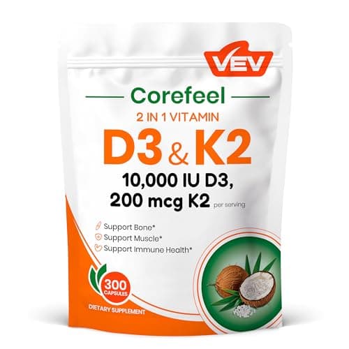VEV Corefeel Vitamin D3 K2, 10,000 IU D3, 200mcg K2 (with MK7), Supports Bone and Teeth Health, Dual Nutrient Support for Daily Wellness, Easy to
