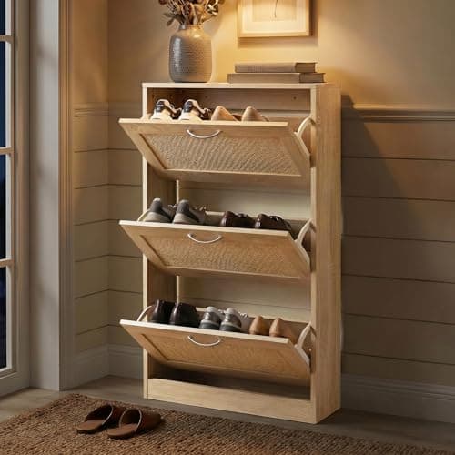 HOPUBUY Shoe Cabinet for Entryway, Narrow Shoe Storage with 3 Flip Drawers | Wood Slim Shoe Rack, 3 Tier Thin Shoe Organizer for Home and
