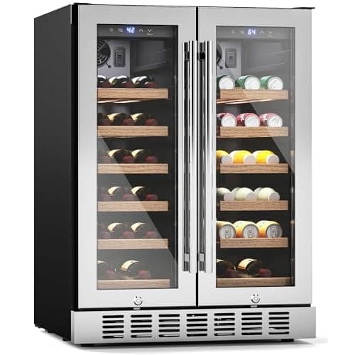 24" Wine Fridge, 34 Bottles 41–64°F/41–64°F Beverage Refrigerator | 12 FSC-Certified Wooden Shelves, UL Lock, 2-Layer Glass Door, Built-In &