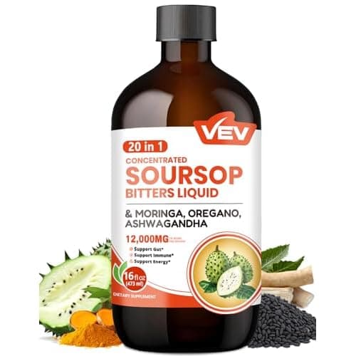 VEV Soursop Bitters Liquid, 20 in 1 Herbal Blend – 16 fl oz | Graviola Extract with Black Seed, Moringa & Oregano