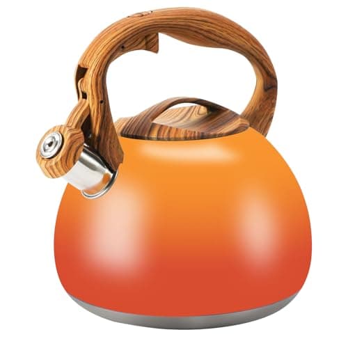 Tea Kettle Stovetop, 3.2Qt Stainless Steel Tea pots with Wood Grain Handle Food Grade Whistling Tea kettle,Induction/Gas Stoves (Orange-Red Gradient)