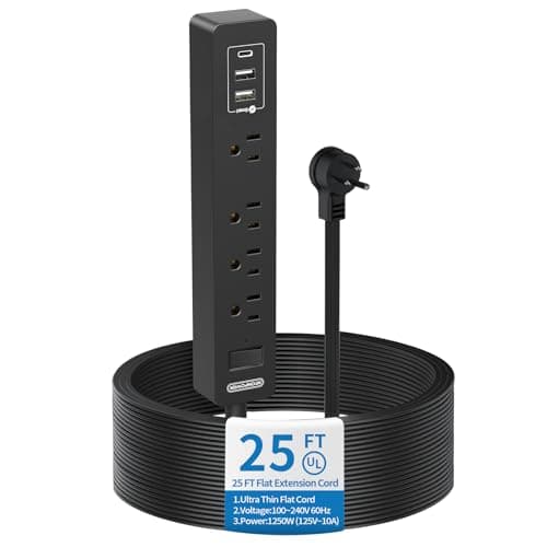 Flat Plug Extension Cord 25 Ft, NTONPOWER Ultra Thin Flat Extension Cord Under Carpet, Rug, Door, Wall Mount Power Strip with 4 Outlets 3 USB (1
