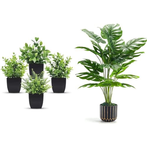 Der Rose A Bundle of Set of 4 Packs Small Fake Plants and 28'' Fake Plants Tall Artificial Monstera Faux Plants Indoor for Living Room Home House