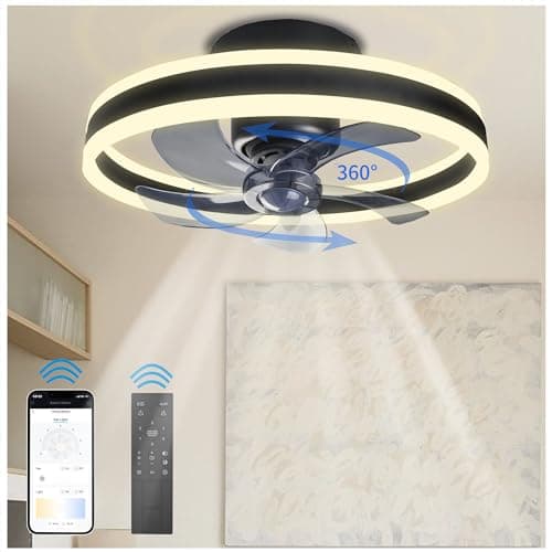 360° Oscillating Low Profile Ceiling Fan with Light, 20" Rotating Modern Flush Mount Ceiling Fan with Lights,LED 3000K-6500K Dimmable Quiet 6 Wind