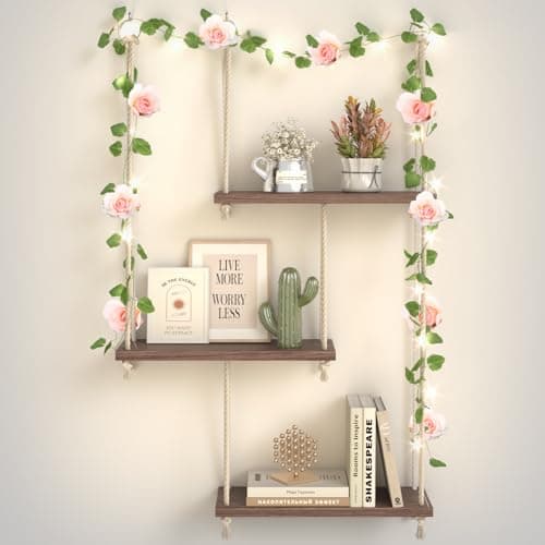 Hanging Shelves for Wall with Vine Lights, 3 Tier Rope Wall Hanging Plant Shelf, Boho Wall Decor Aesthetic for Succulents, Bedroom, Living Room,