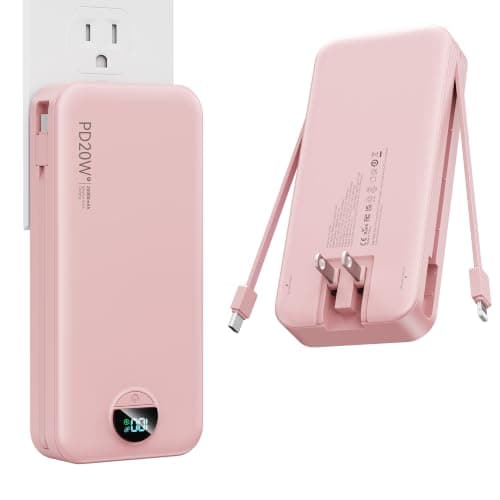 Nusyddy Portable Charger 20000mAh Fast Charging w/Built-in Wall Plug Pink | PD20W Fast Charging, High Capacity, LED Display, Charge 5 Devices at once,