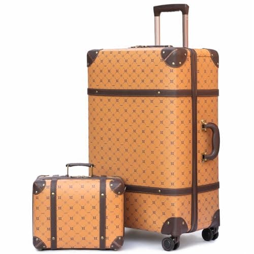 NZBZ Vintage Luggage Set for Women, 2 Piece Retro Trunk Suitcase with 14" Travel Case, Spinner Wheels, TSA-Accepted Lock & Protective Cover, Vintage