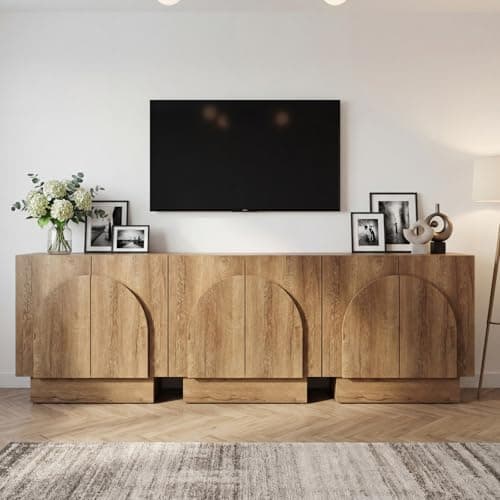 CIMOTA Natural Sideboard Buffet Cabinet with Storage, Modern Farmhouse Buffet Coffee Bar Cabinets with Arched Doors,Accent Wooden Media Console Table
