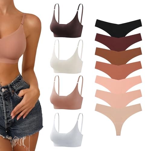 DEANGELMON V Neck Padded Bralettes Seamless Bra and Women Seamless No Show Thongs Pack(Size M)