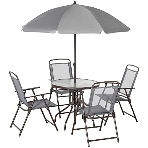 Outsunny 6 Piece Outdoor Patio Dining Set for 4 with Umbrella Gray | Patio Table and Chairs Set, 4 Folding Dining Chairs, Round Glass Table, Garden