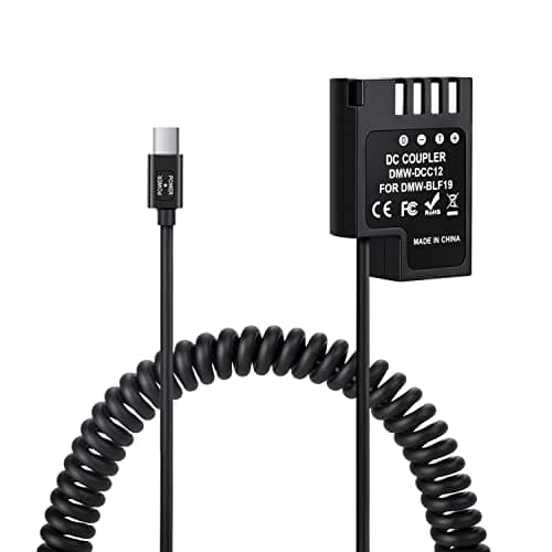 FOMITO DMW-BLC19 Dummy Battery Decoded DMW-DCC12 Battery Replacement with Type-C Spring Power Adapter Cable for Panasonic Lumix DMC-GH3 DMC-GH4