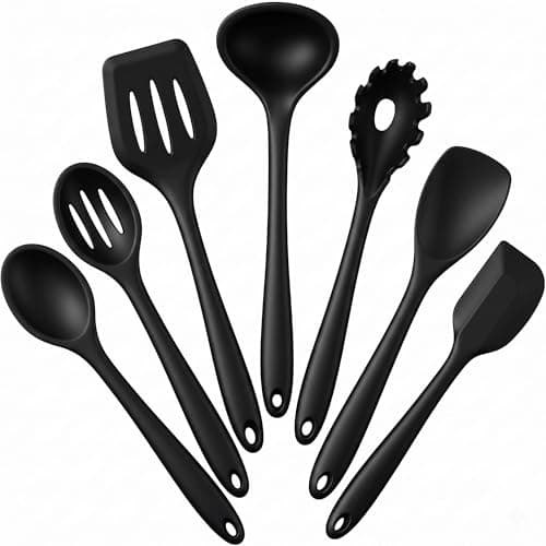 E-far Silicone Cooking Utensils Set, 7-Piece Black Heat Resistant Kitchen Utensils Set, Kitchen Nonstick Tools Spatula Ladle Spoon Pasta Server for