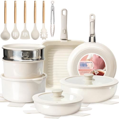 KIKCOIN Nonstick Pots and Pans Set - Ceramic Cookware Set with Detachable Handle - 25 Pack Healthy Pans Set for Cooking - Stackable for RV Kitchen,