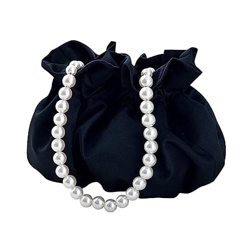 Small Wristlet Purses Mini Bucket Bag Women Hobo Bag with Faux Pearl Chain (Black)