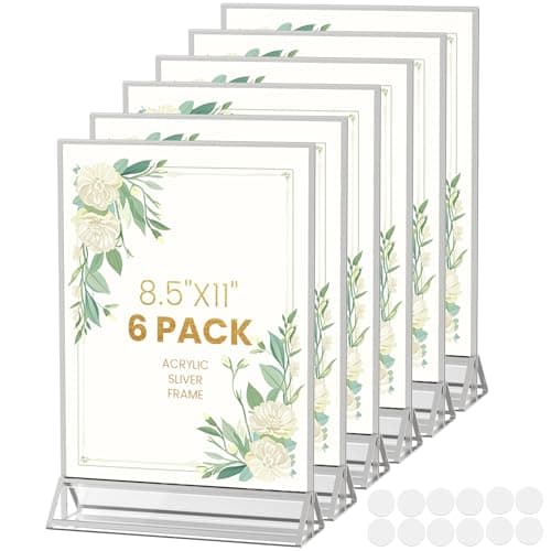 8.5X11 Silver Frames Double-Sided Acrylic Sign Holder, 6 Pack | Picture Frames for Menu Holder Wedding Table Number Holder Christmas Photo Frames with