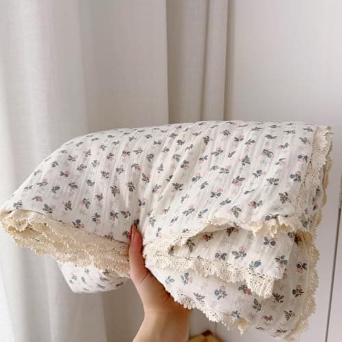 BuLuTu Soft Cotton Soft Kids Comforter for Twin Bed Toddler Bed, Chic Pink Bellflower Print 100% Cotton Muslin Quilted Blanket for Girls Boys Toddler