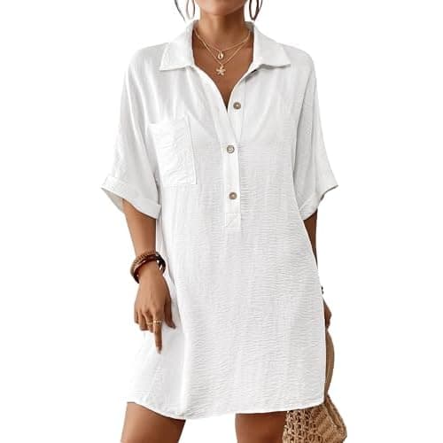 Bsubseach Cover Ups for Swimwear Women Short Sleeve Loose Shirt Dresses | Turn-down Collar,Lightweight & Breathable Fabric,Summer Vacation Outfits