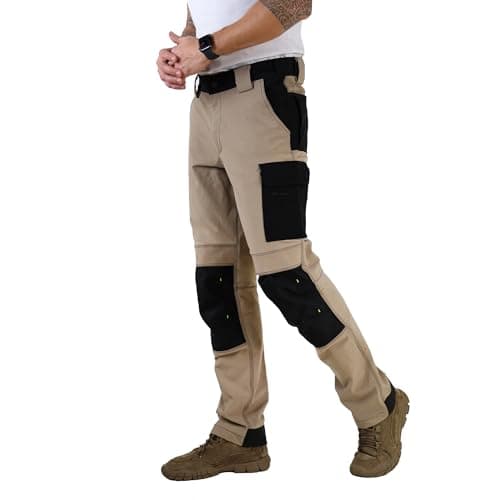 Ellobird Men's Work Utility Pants, Relaxed Fit 4 Way Stretch, Construction Carpenter Cargo Tactical, Durable Cordura