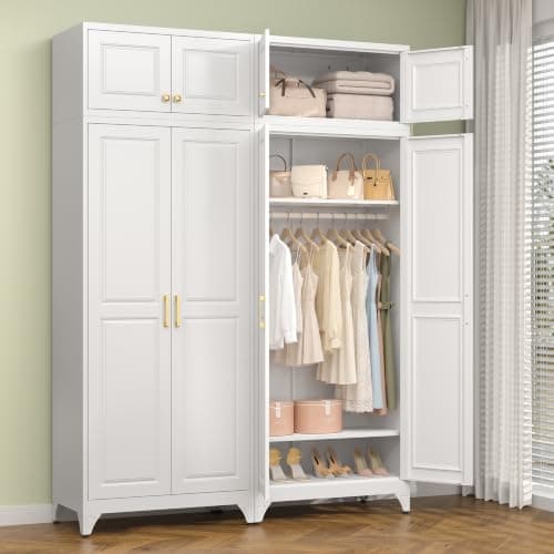 Polup 86" Tall White Metal Armoire Wardrobe Closet with Hanging Rod | Heavy Duty Steel Clothing Storage Cabinet, 4 Doors, 180lbs Adjustable Shelves,