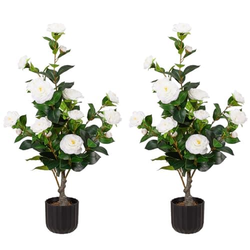 Artificial Camellia Tree 2 Pack, 3FT Faux Camellia Tree with Planter, Fake Plants Potted Camellia with Lifelike Flower for Living Room Office Decor