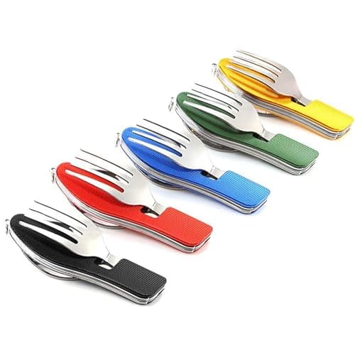 EZYoutdoor 4-in-1 Camping Utensil Set, Steel Fork Spoon Knife, 5 Pack | Portable Cutlery with Openers and Pouch, Great for Family Camping Meals,