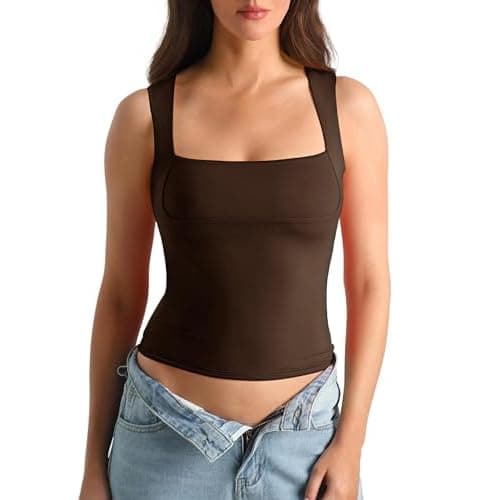HOYAYO Women's Slim Fit Double-Layer Tank Top Square Neck Sleeveless Basic Fitted Tee Shirt