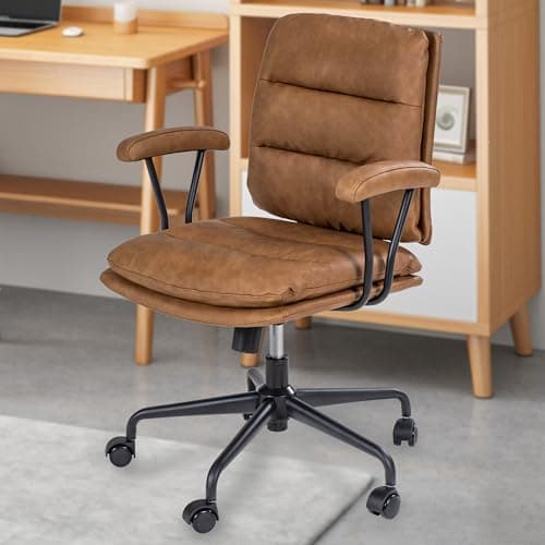 Brown Office Desk Chair, PU Leather Chair with Lumbar Support, Removable Armrests, Comfortable Adjustable Swivel Task Chair for Home, Office, Small