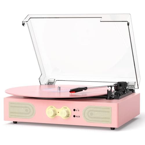 Vinyl Record Player with Built-in Speakers, Vintage 3-Speed Turntable, Bass/Treble Control, Headphone Jack, RCA/AUX Outputs, Belt-Driven LP Player,