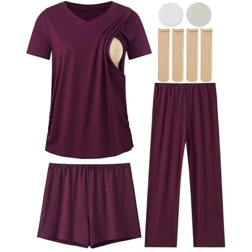 DANSHOW Maternity Nursing Pajama Set Postpartum Lounge PJS | 5Pcs Breastfeeding Sleepwear, Short Sleeve Hiden Double Layer Tops, Adjustable Pants &