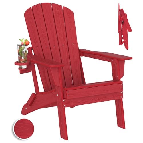 Folding Adirondack Chair, SGS Tested, Wooden Textured with Cup Holder, Heavy All-Weather HDPE Outdoor Chairs for Patio Backyard Lawn,Red Red Folding