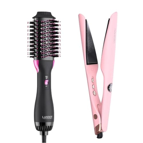 LANDOT Complete Styling Duo: One‑Step Hot Air Brush (60mm, 3 Temps/2 Speeds, Frizz‑Free Shine) + 2‑in‑1 Twist Ceramic Flat Iron (1‑inch,