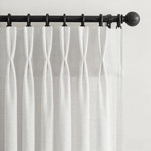 Off White Pinch Pleated Short Curtains 63 Inch Length 2 Panels Set for Kitchen, Memory Shape Semi Sheer Thick Natural Linen Textured Curtain Light