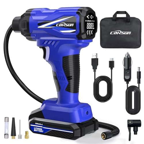 CARSUN Tire Inflator Portable Air Compressor, 150PSI Cordless Tire Pump with DC 12V/Battery Dual Power Supplies, Portable Handheld Air Pump, Digital