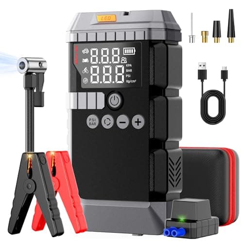Portable Car Battery Jump Starter with Air Compressor (All Gas/12L Diesel) | 6000A Car Battery Booster with 45W Fast Charge,160PSI Auto-Shut Off Tire