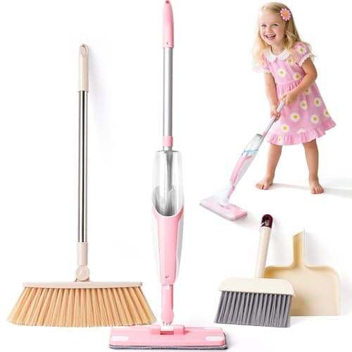 Kids Cleaning Toy Set,Pink Mini Spray Mop Montessori Toys Pretend Play Cleaning Tool for Toddlers with Spray Mop & Kids Broom Dustpan Set Cleaning