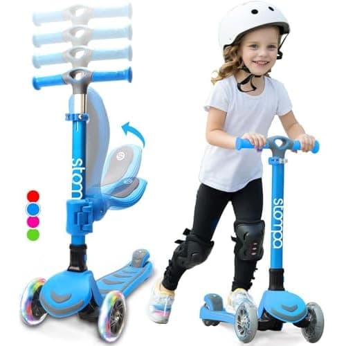 Stompa Kick Scooter for Kids 2-in-1 Light Up 3 Wheel Scooters with 4 Levels Adjustable Handlebar, Foldable Seat, Widen No-Slip Deck for Girls & Boys