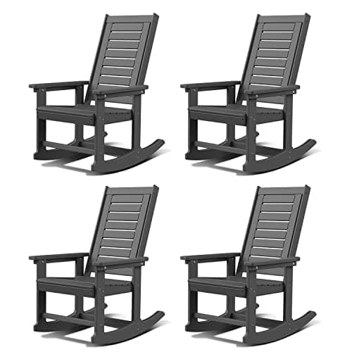 GREENVINES Oversized Outdoor Rocking Chairs Set of 4, HDPE Rocker, Grey | 21.7" Wide Seat | All Weather | Plastic Porch Chair | High Ladder Back | Big