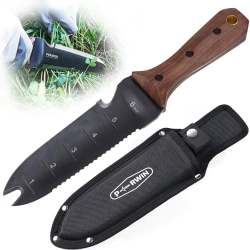 PERWIN Hori Hori Garden Knife, Garden Tools with Sheath for Weeding, Planting, Digging, 7" Stainless Steel Blade with Cutting Edge, Full-Tang Walnut