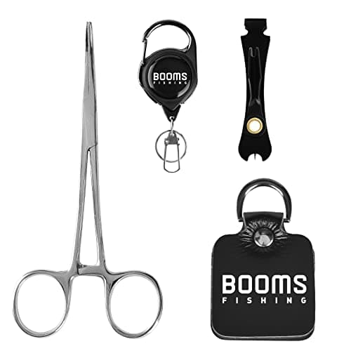 Booms Fishing FF2 Fly Fishing Accessories and Tools Kit: Forceps, Nipper, Line Straightener, Zinger, Two-Sided Fly Box Assortment 4 in 1 Combo
