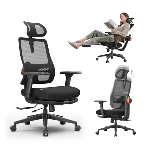 Office Chair Ergonomic with Footrest, Auto-Following Lumbar Support, High Back Desk Chair with 4D Armrest,136° Tilt Lock, Adjustable Seat Depth &