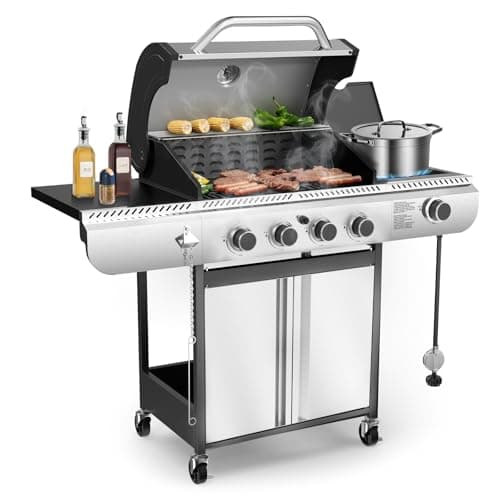 Electactic G41 Gas Grill,4-Burner Gas BBQ Grill with Side Burner, Porcelain-Enameled Grills, 42,000 BTU Stainless Steel Propane Grill for Outdoor