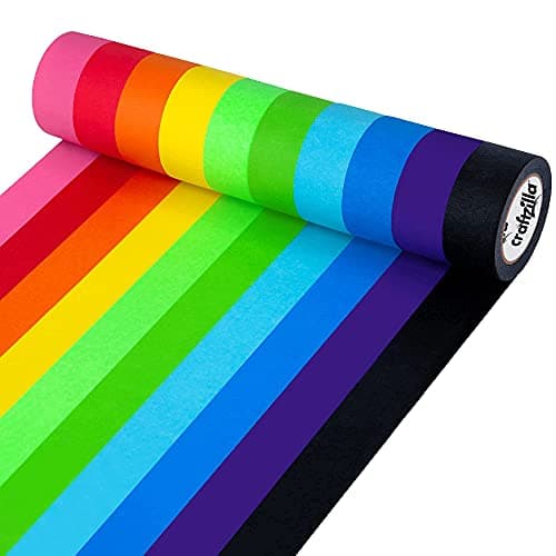 Craftzilla Colored Masking Tape & Painters Tape, 10 Rolls, 1 in x 10 Yds | 10 Vibrant Rainbow Tape Rolls for Arts & Crafts, Labeling & Coding,