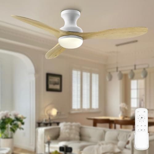 52" Wood Flush Mount Ceiling Fans with Lights and Remote, Natural Wood Fandelier, Low Profile/6-speed/3 CCT/Timer/Quiet/Reversible DC Motor, for