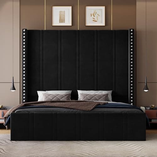 Queen Bed Frame with 65.75" Tall Headboard, Black | Velvet Luxury Upholstered Bed Frame with Storage Pockets & Wide Wingback, Noise-Free, No Box