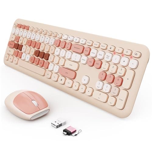 Wireless Keyboard and Mouse Combo, Cute Brown Retro Typewriter Keyboard with Number Pad, 2.4GHz USB Receiver + Type-C Adapter, Plug and Play for