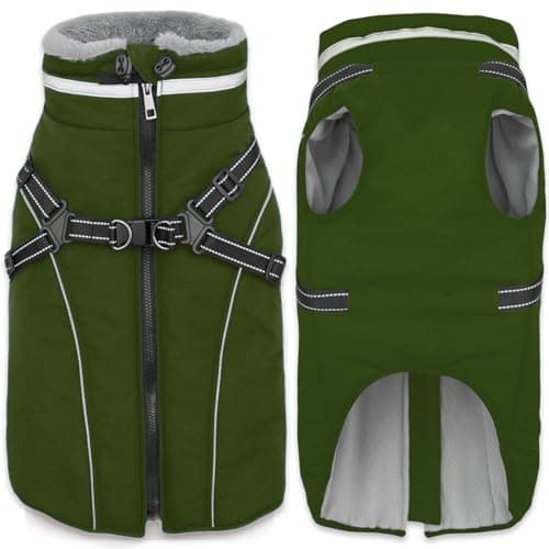 Fragralley Dog Coat with Harness Built in, Waterproof Windproof Reflective Warm Puffer Jacket, Fleece Lined Vest Winter Parka for Small, Medium, Large