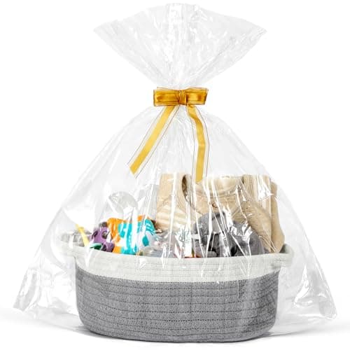 LANDNEOO Small Woven Basket with Gift Bags and Ribbons, Empty Decorative Gift Chest Box, Cute Baby Gift Basket for Nursery, Cotton Rope Room Shelf